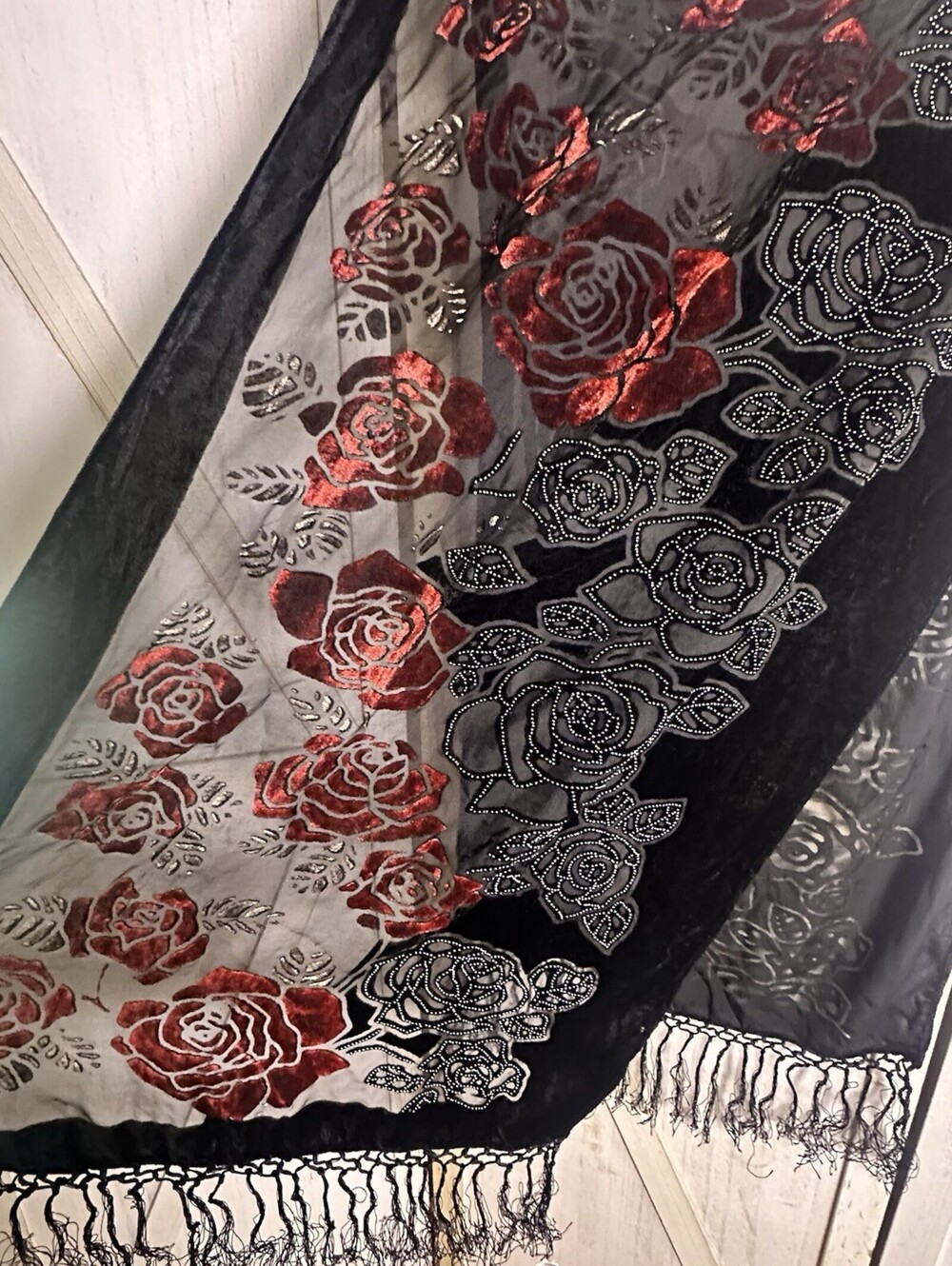 Vintage Y2K Whimsigoth Silk Velvet Rose Shawl Scarf Fringe Witchy Vampirella